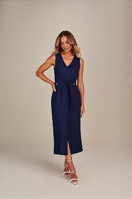 VESTIDO MIDI RAMO SELVAGEM REGATA COM FAIXA-AZUL MARINHO