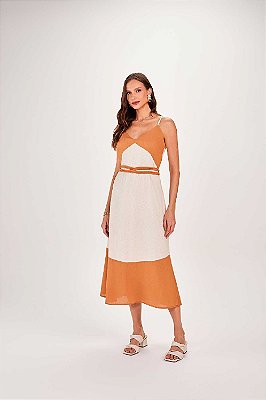 VESTIDO RAMO SELVAGEM COLOUR BLOCKING COM  CINTO TORÇÃO - NATURAL