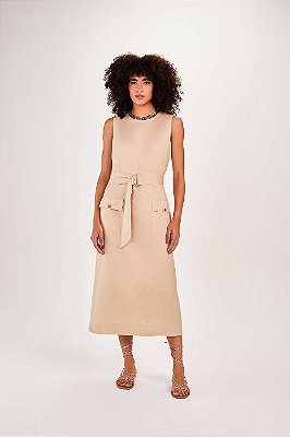 VESTIDO RAMO SELVAGEM COM CINTO FAIXA E BOTOES-BEGE