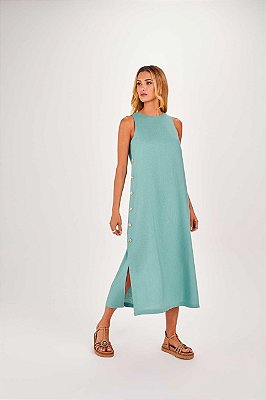 VESTIDO RAMO SELVAGEM MIDI COM BOTOES NA LATERAL TURGUESA