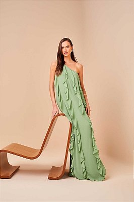 VESTIDO RAMO SELVAGEM LONGO COM BABADOS EM JABOUR VERDE