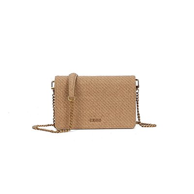 BOLSA PEQUENA SANTA LOLLA MATERIAL CANVAS BEGE ALÇA TRANSVERSAL CORRENTE
