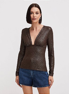 BLUSA FORUM JUSTA TEXTURIZADA MANGA LONGA COM DECOTE V