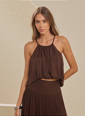 BLUSA BALONÊ MARROM FÓRUM COM AMARRAÇÃO
