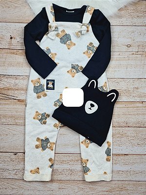 Jardineira Baby Boo em Moletom Linho sem Pelúcia e Body em Suedine - Preto - Lucboo