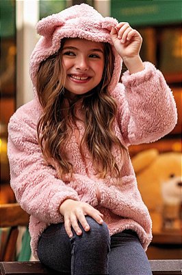 Casaco Teddy Infantil Menina em pelo Carneirinho com Capuz Rosa - Kukiê