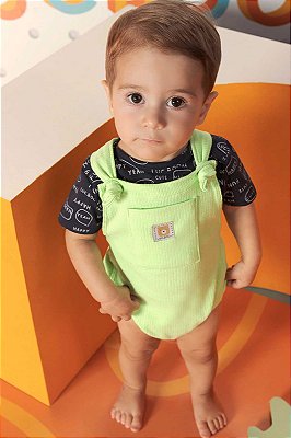 Conjunto de Jardineira em Malha Waffler e Body em Suedine Verde/Preto Lucboo