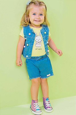 Trio de Body em Suedine e Shorts e Colete em Jeans Kukiê