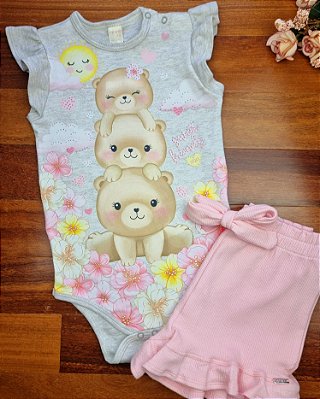 Conjunto de Body em Suedine e Shorts em Canelado Trançado Ursinhos Infanti