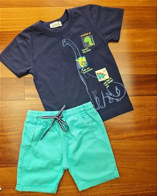Conjunto de Camiseta Marinho em Meia Malha e Bermuda Verde em Sarja Pita  LucBoo