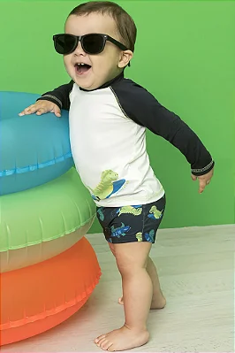 Conjunto de Camiseta e Sunga em Malha UV Dry com Proteção UV 50+ Dino LucBoo