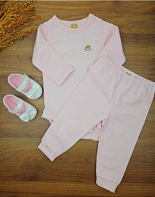 Conjunto Body e Calça em Malha Térmica Rosa Claro Up Baby