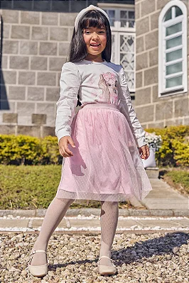 Conjunto de Blusa em Canelado e Tricoline e Saia em Tule Poá. (Com Short Embutido) Kukiê