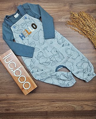 Conjunto de Body em Ribana 1x1 e Jardineira em Moletom Linho sem Pelúcia LucBoo