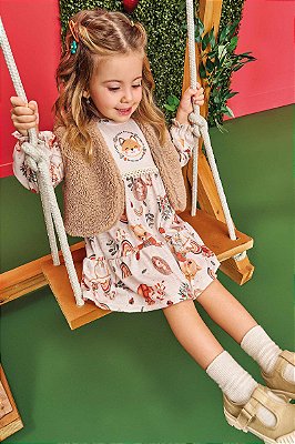Conjunto de Vestido em Malha Wave e Colete em Pelo Carneirinho Kukiê