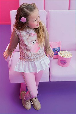 Conjunto de Blusão em Moletom com Pelúcia e Legging em Termoskin Kukiê