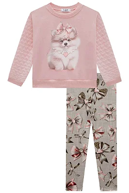 Conjunto de Blusão em Moletom e Matelassê Coração e Legging em Termoskin Kukiê