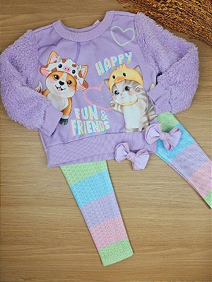 Conjunto de Blusão em Moletom com Pelúcia e Pelo Dublado com Legging em Fly Tech Infanti