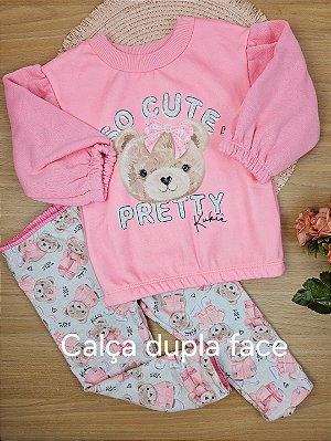 Conjunto de Blusão em Moletom com Pelúcia e Calça Dupla Face em Molecotton e Malha Comfy Kukiê