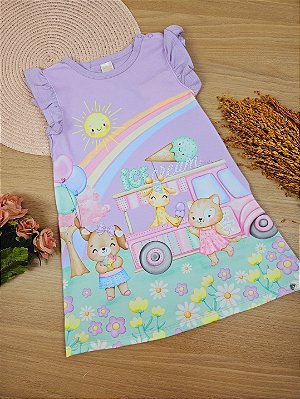 Vestido em Cotton Ursinhos Lilás Infanti