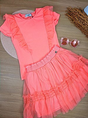 Conjunto Blusa em Canelado e Tule e Saia em Tule com Elastano (com Shorts Embutido) Kukiê