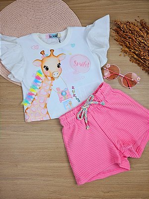 Conjunto de Blusa Boxy em Meia Malha e Shorts em Moletom Relevo Kukiê