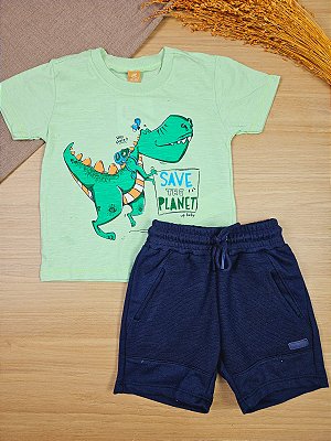 Conjunto Camiseta Malha e Bermuda em Moletom Verde Dino Up Baby