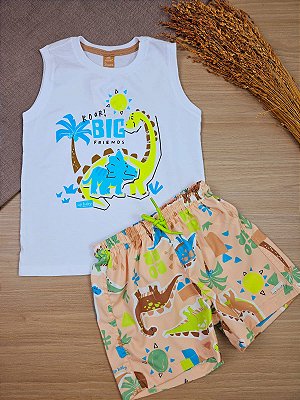 Conjunto Regata Meia Malha e Short Microfibra Branco Dino Up Baby