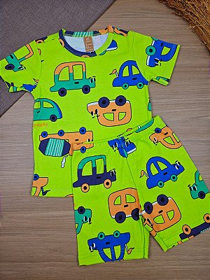 Pijama Camiseta e Bermuda em Suedine Carros Verde Up Baby
