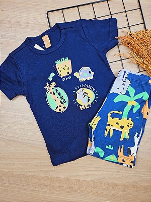 Pijama Camiseta e Bermuda em Suedine Safari Azul Escuro Up Baby