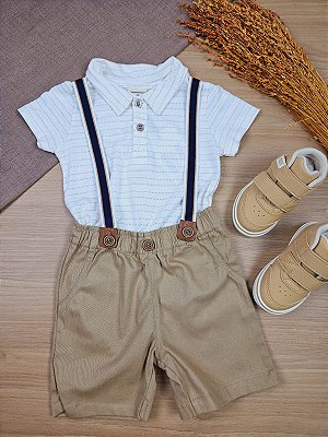 Conjunto de Body Polo em Malha Textura e Bermuda em Sarja Stretch e Suspensório Removível LucBoo