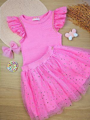 Conjunto Verão Regata Canelada e Saia Tule Rosa Mon Sucré