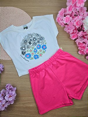 Conjunto Blusa Malha e Short em Moletom Florido Bee Loop