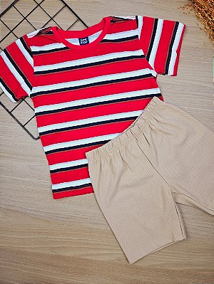 Conjunto Camiseta Malha Listrada e Bermuda Moletom Bee Loop