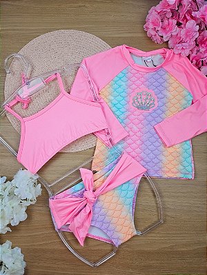 Conjunto de Biquíni e Blusa em Malha Cirrê com Proteção UV 50+ Sereia Kukiê