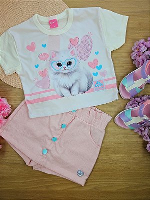 Conjunto Infantil Menina Blusa Boxy Gatinho E Short-Saia Natural E Rosa Cinti