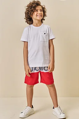 Conjunto de Camiseta em Meia Malha e Bermuda em Nylon Ergonomic com Elastano Branca LucBoo