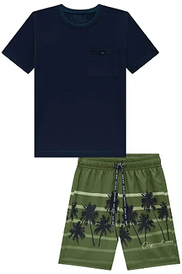Conjunto de Camiseta em Meia Malha e Bermuda em Nylon Ergonomic com Elastano Marinho LucBoo