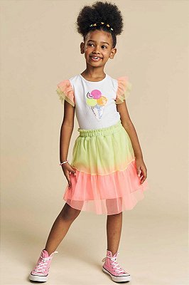 Conjunto de Blusa Boxy em Cotton e Saia em Tule (com shorts embutido) Kukiê