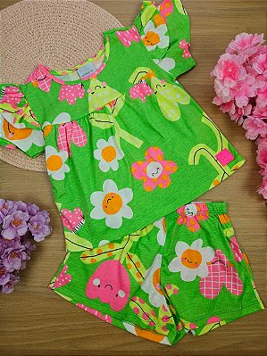 Conjunto Blusa e Short Floral Quimby 100% Algodão