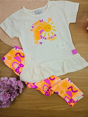 Conjunto Blusa Branca Solzinho e Calça Quimby 100% Algodão