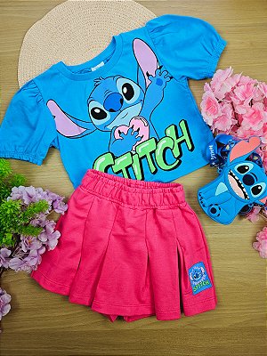 Conjunto Azul Stitch Blusa e Short Saia 100% Algodão Fakini