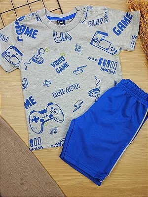 Conjunto Camiseta Malha e Bermuda Moletom Video Game Cinza Bee Loop