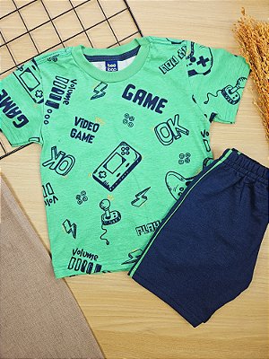 Conjunto Camiseta Malha e Bermuda Moletom Video Game Verde Bee Loop