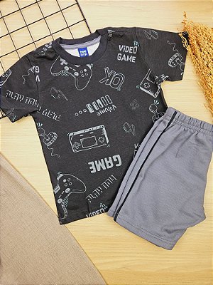 Conjunto Camiseta Malha e Bermuda Moletom Video Game Preto Bee Loop