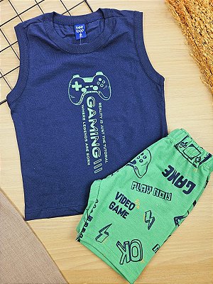 Conjunto Regata Malha e Bermuda Moletom Gaming Azul Marinho Bee Loop
