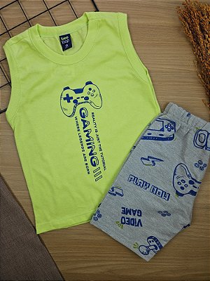 Conjunto Regata Malha e Bermuda Moletom Gaming Verde Bee Loop