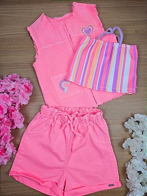 Trio de Cropped em Fly Tech com Colete e Shorts em Sarja Daryl com Elastano Rosa Infanti