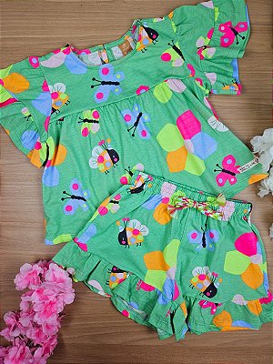 Conjunto Blusa e Short em Meia Malha Floral Verdinho Up Baby