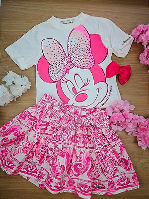 Conjunto Blusa e Saia com Shorts Embutido Minnie Rosa Animê